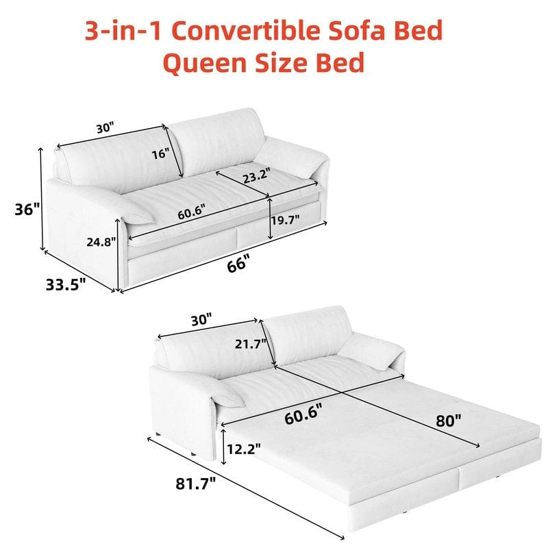 66 Queen Pull Out Sofa Bed, 3-in-1 Convertible Sleeper Sofa with Side Storage