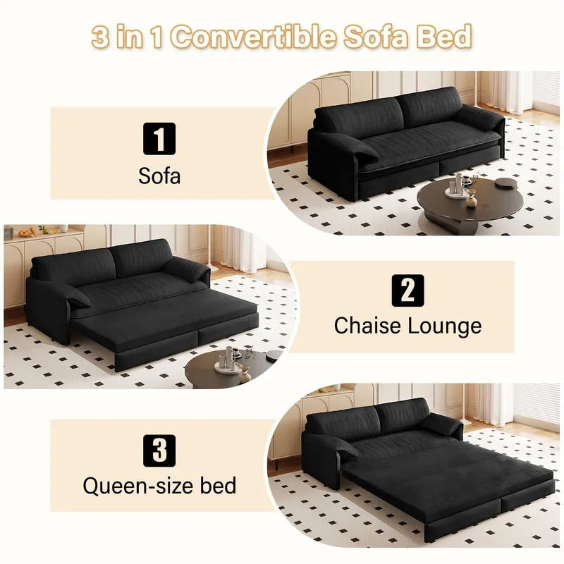 66 Queen Pull Out Sofa Bed, 3-in-1 Convertible Sleeper Sofa with Side Storage