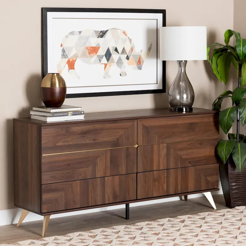 Graceland Mid-Century Modern Transitional Walnut Brown Finished Wood 6-Drawer Dresser