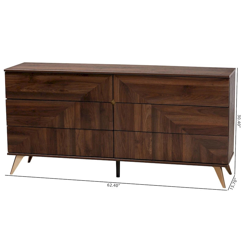 Mid-Century Modern 6-Drawer Dresser, Walnut Brown
