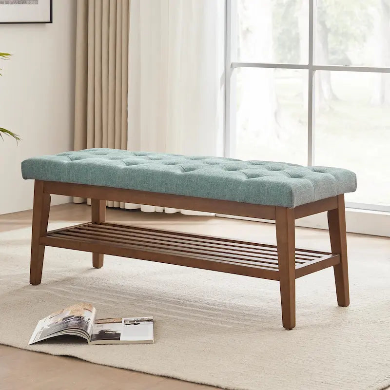 Entryway Shoe Bench Storage Bench Fabric Solid Wood, 43-inch Upholstered Bench for Living Room, Bedrooms