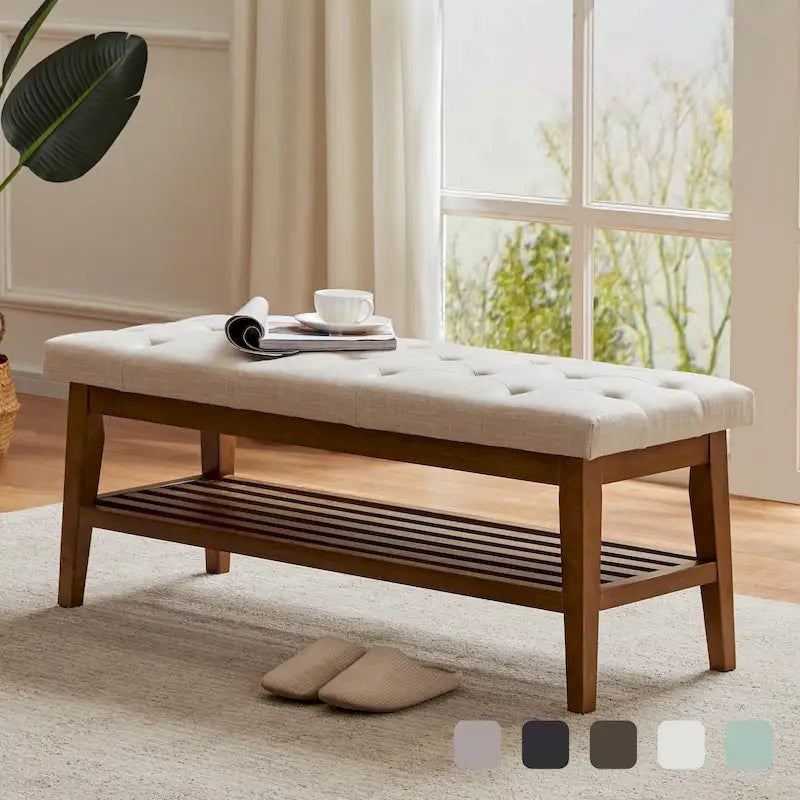 Entryway Shoe Bench Storage Bench Fabric Solid Wood, 43-inch Upholstered Bench for Living Room, Bedrooms