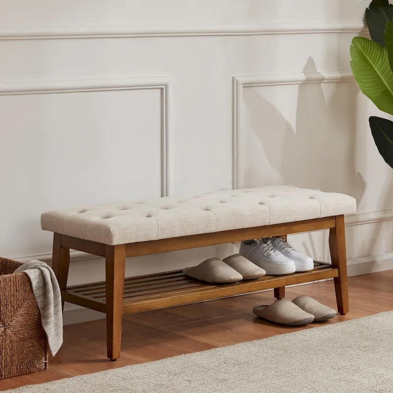 Entryway Shoe Bench Storage Bench Fabric Solid Wood, 43-inch Upholstered Bench for Living Room, Bedrooms
