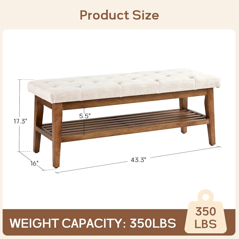 Entryway Shoe Bench Storage Bench Fabric Solid Wood, 43-inch Upholstered Bench for Living Room, Bedrooms