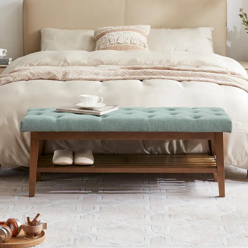 Entryway Shoe Bench Storage Bench Fabric Solid Wood, 43-inch Upholstered Bench for Living Room, Bedrooms