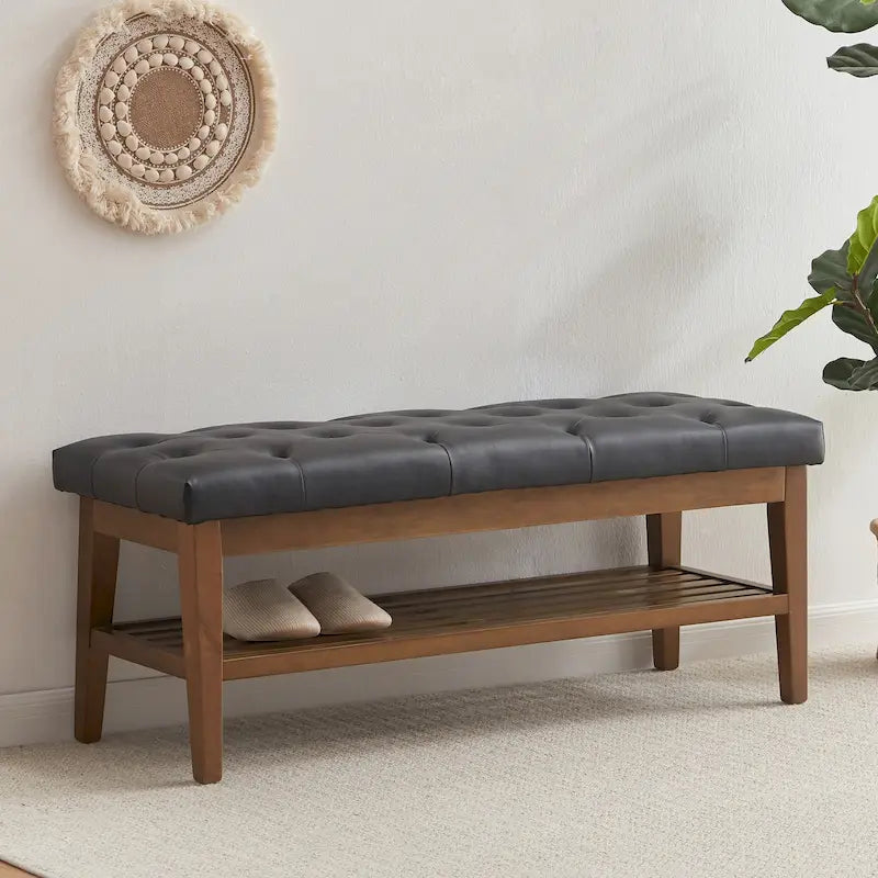 Entryway Shoe Bench Storage Bench Fabric Solid Wood, 43-inch Upholstered Bench for Living Room, Bedrooms