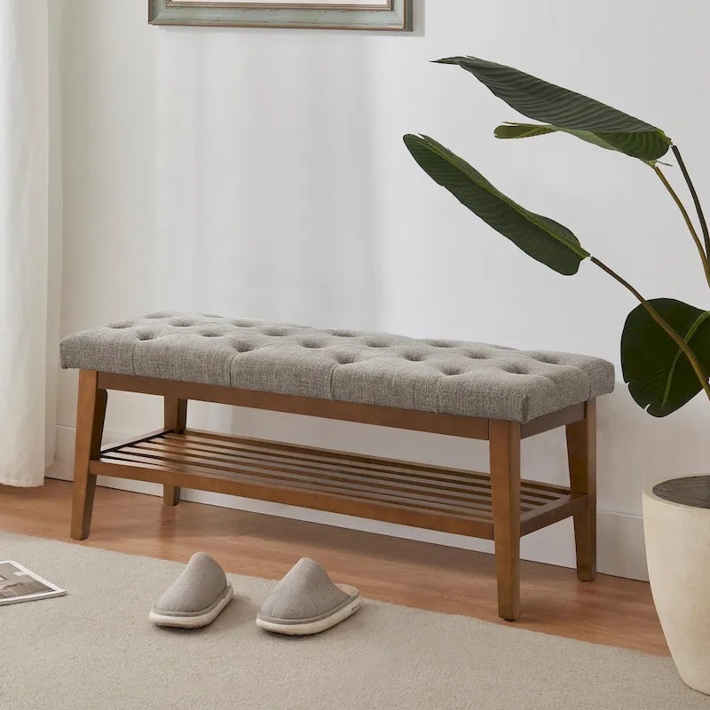Entryway Shoe Bench Storage Bench Fabric Solid Wood, 43-inch Upholstered Bench for Living Room, Bedrooms