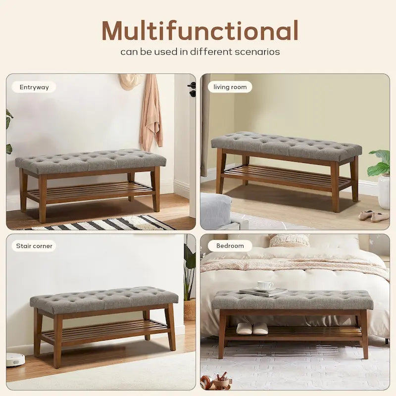 Entryway Shoe Bench Storage Bench Fabric Solid Wood, 43-inch Upholstered Bench for Living Room, Bedrooms