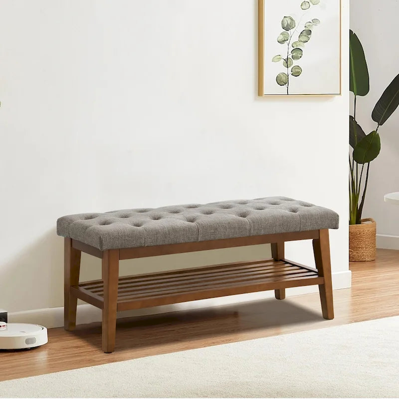 Entryway Shoe Bench Storage Bench Fabric Solid Wood, 43-inch Upholstered Bench for Living Room, Bedrooms