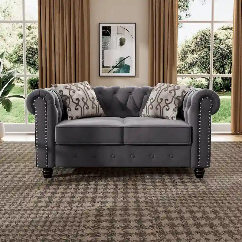 Morden Fort Velvet Chesterfield Loveseat with Button Tufted, Nailhead and Solid Legs for Living Room