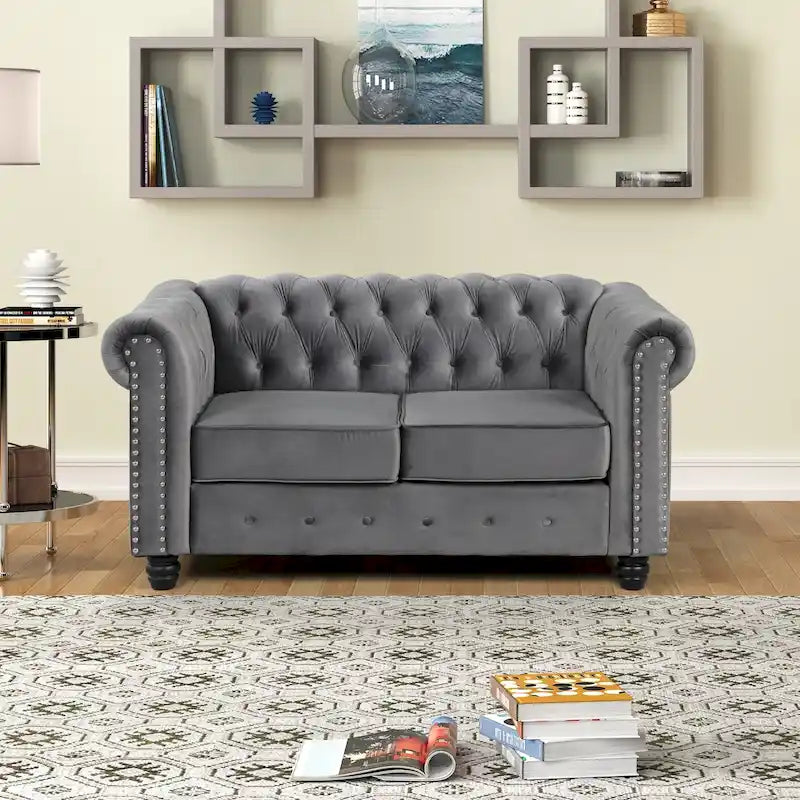 Morden Fort Velvet Chesterfield Loveseat with Button Tufted, Nailhead and Solid Legs for Living Room