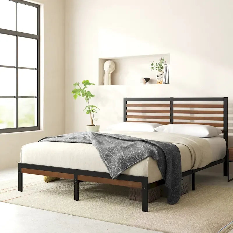 Bamboo and Metal Platform Bed Frame