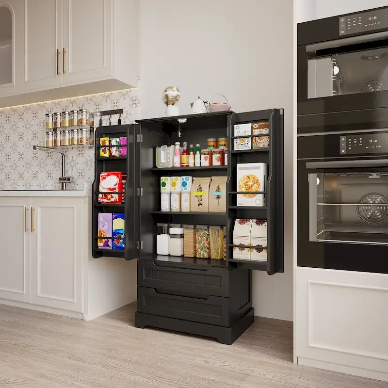 Kitchen Storage Pantry Cabinet, Freestanding Bathroom Storage Cabinet with 2 Doors and Drawers