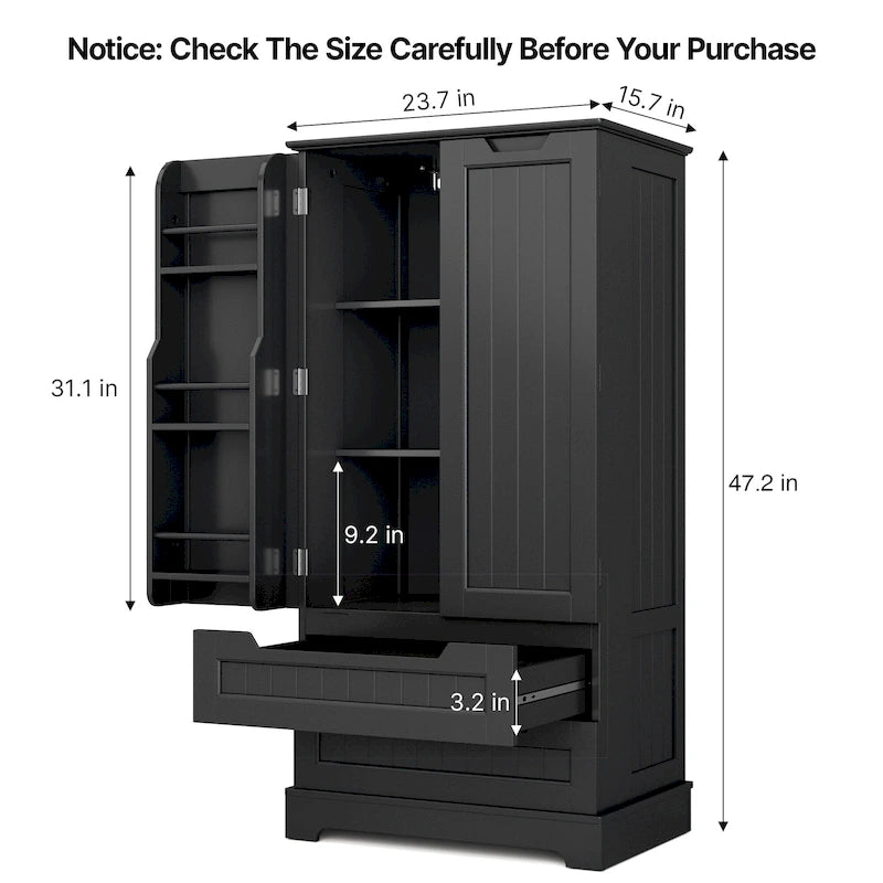 Kitchen Storage Pantry Cabinet, Freestanding Bathroom Storage Cabinet with 2 Doors and Drawers