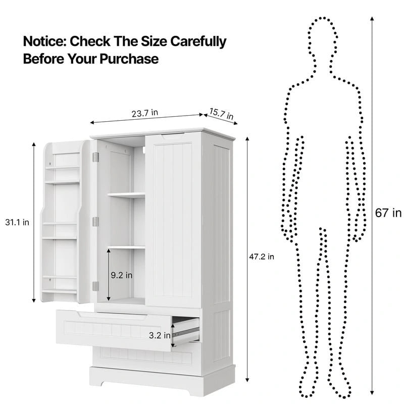 Kitchen Storage Pantry Cabinet, Freestanding Bathroom Storage Cabinet with 2 Doors and Drawers