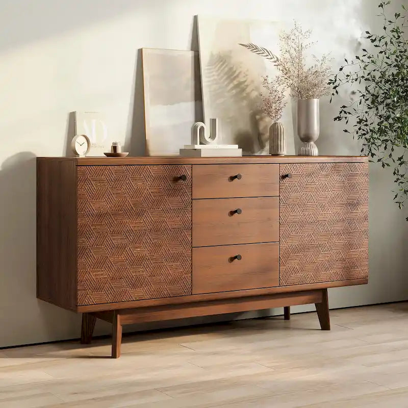 Living Skog Scandi Sideboard Buffet TV Stand with Drawers and Wooden Legs for TV's up to 65-inch TV