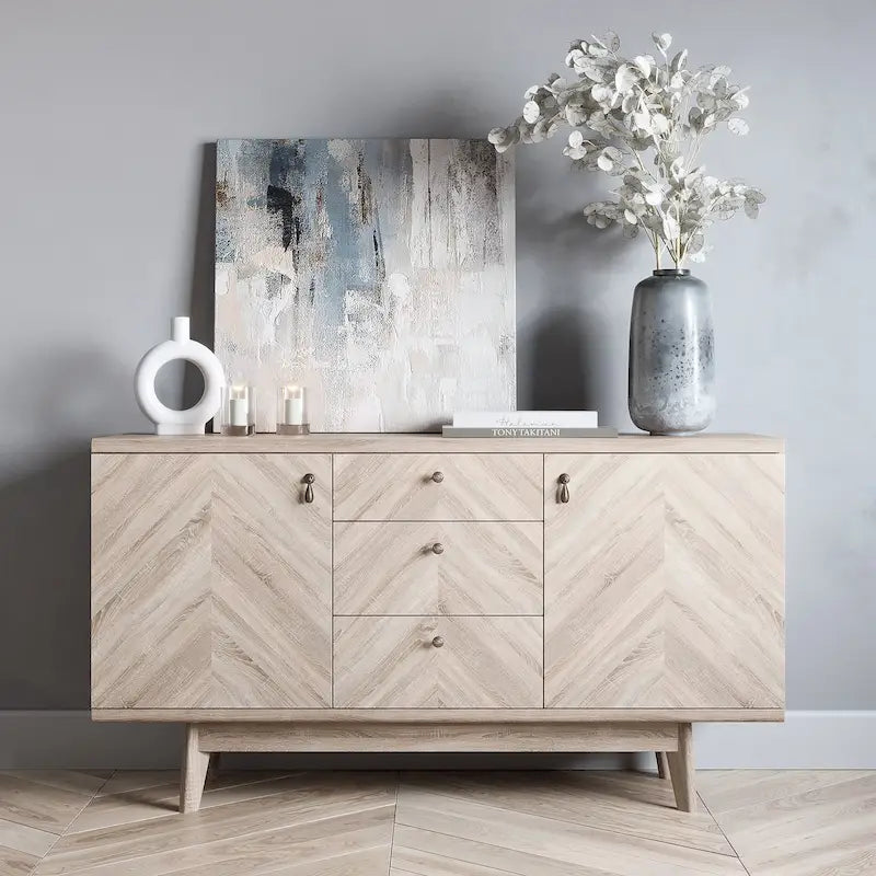 Scandi Sideboard Buffet TV Stand with Drawers and Wooden Legs
