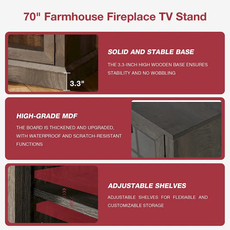36 Inch 3-Sided Glass Fireplace TV Stand for TVs up to 80