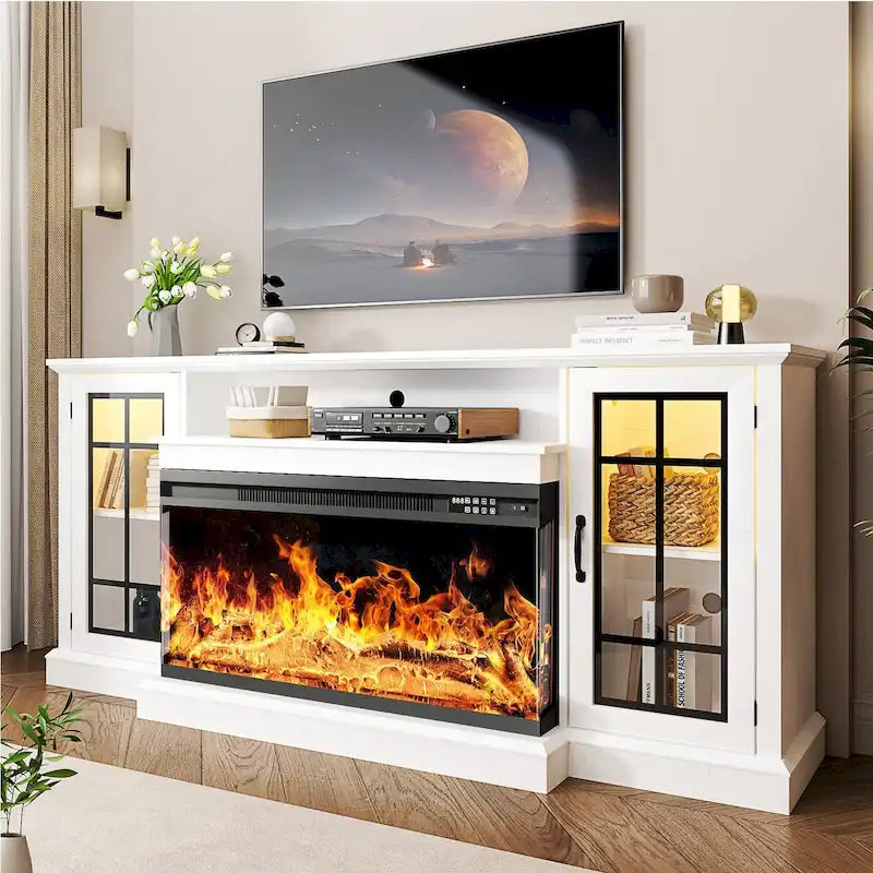 36 Inch 3-Sided Glass Fireplace TV Stand for TVs up to 80