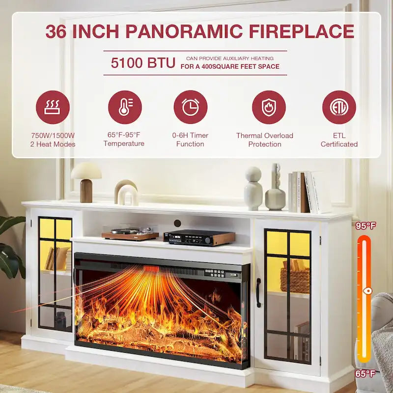 36 Inch 3-Sided Glass Fireplace TV Stand for TVs up to 80