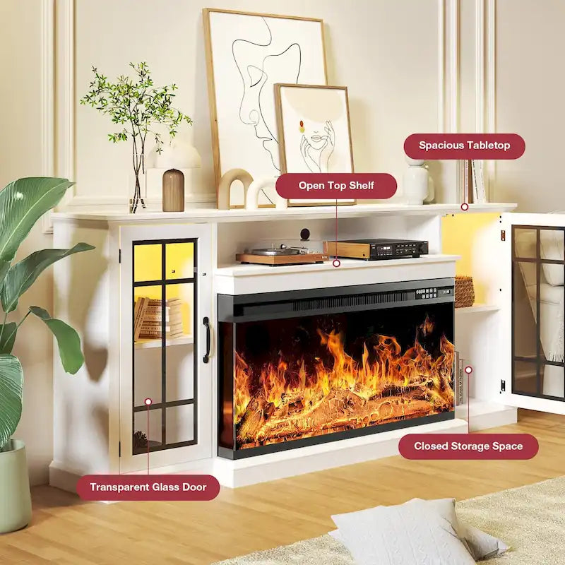 36 Inch 3-Sided Glass Fireplace TV Stand for TVs up to 80