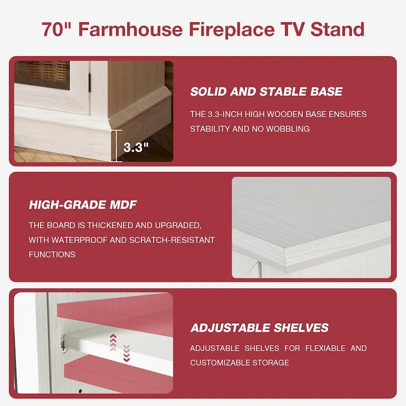 36 Inch 3-Sided Glass Fireplace TV Stand for TVs up to 80