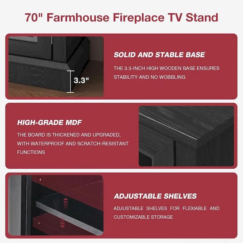 36 Inch 3-Sided Glass Fireplace TV Stand for TVs up to 80