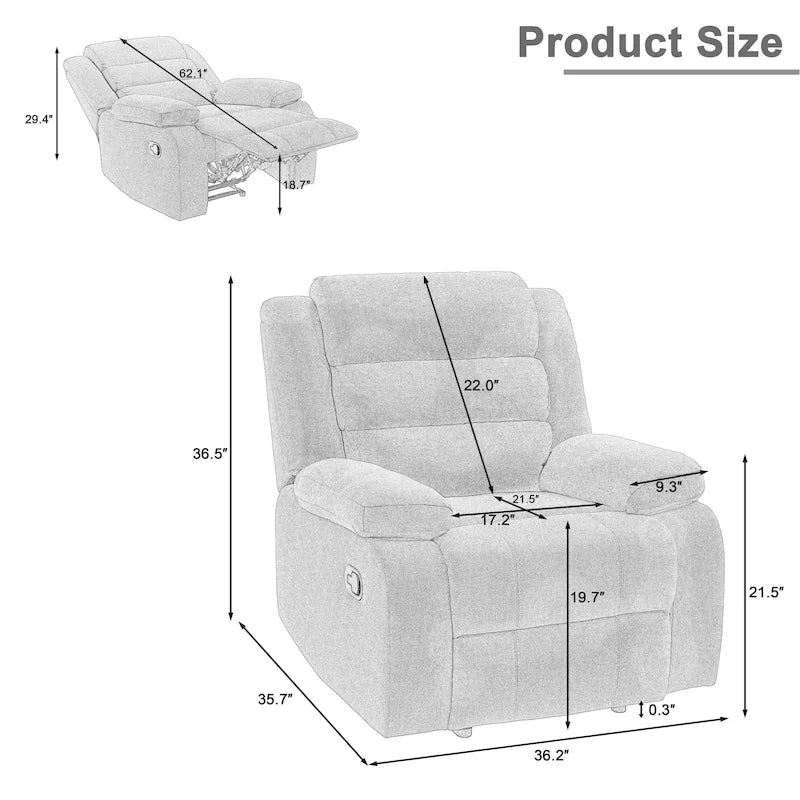 Overstuffed Cotton Corduroy Manual Pushback Recliner with Wide Armrest