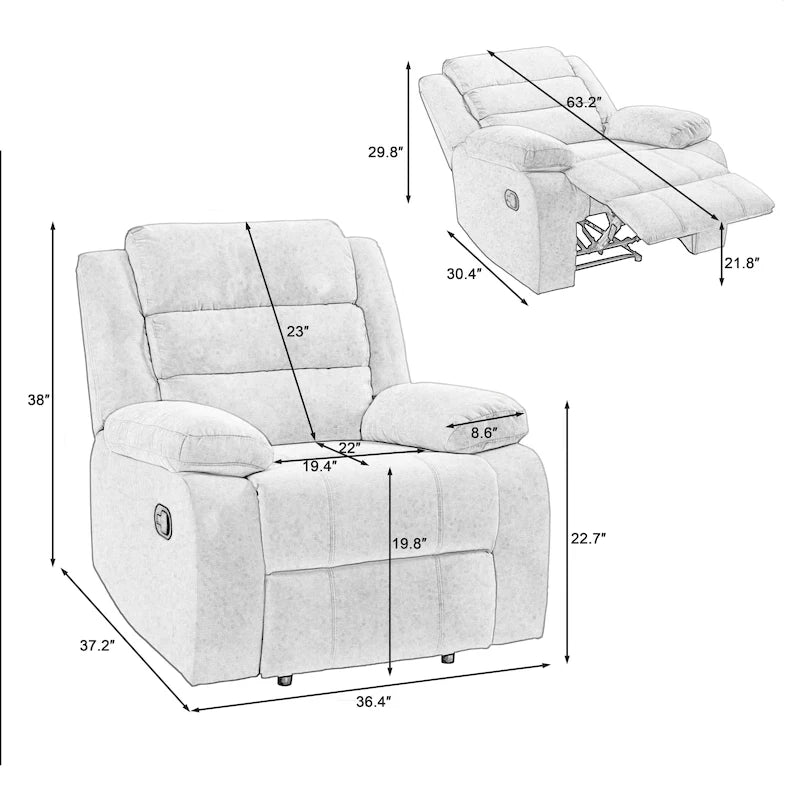 Overstuffed Cotton Corduroy Manual Pushback Recliner with Wide Armrest