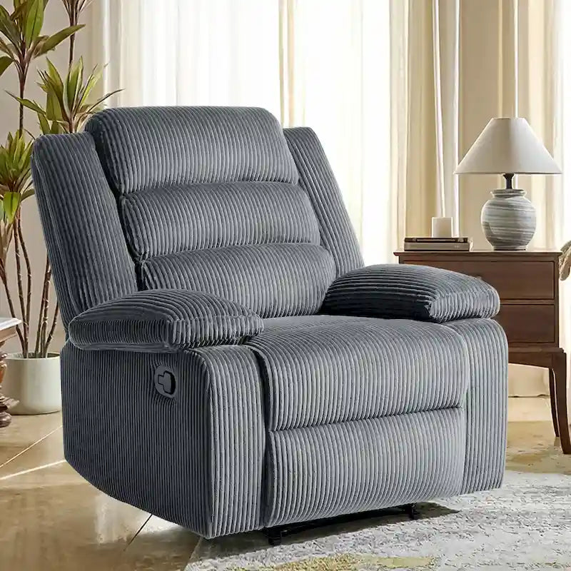 Overstuffed Cotton Corduroy Manual Pushback Recliner with Wide Armrest