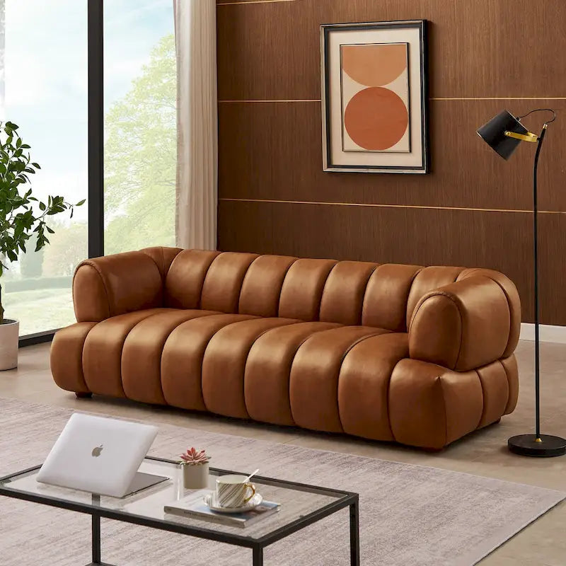 Rovan Mid-Century Modern Luxury Couch in Cognac Leather