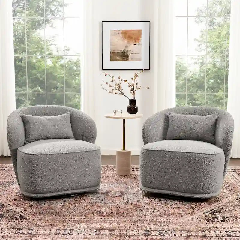 KINWELL 33 W Sherpa Boucle Upholstered Accent Swivel Chair (Set of 2)