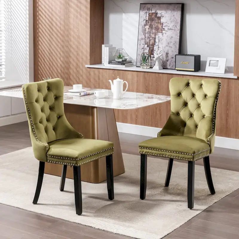 Set of 2 Velvet Upholstered Dining Chairs with Nailhead Trim and Wooden Legs