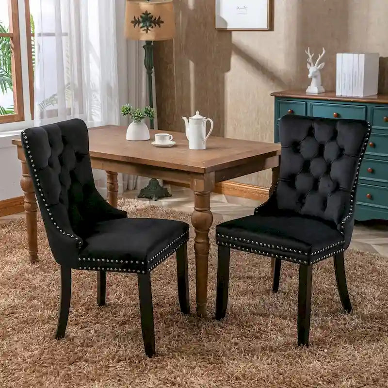 Set of 2 Velvet Upholstered Dining Chairs with Nailhead Trim and Wooden Legs