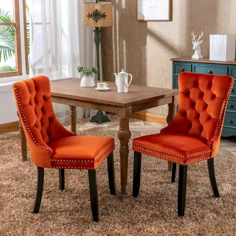 Set of 2 Velvet Upholstered Dining Chairs with Nailhead Trim and Wooden Legs
