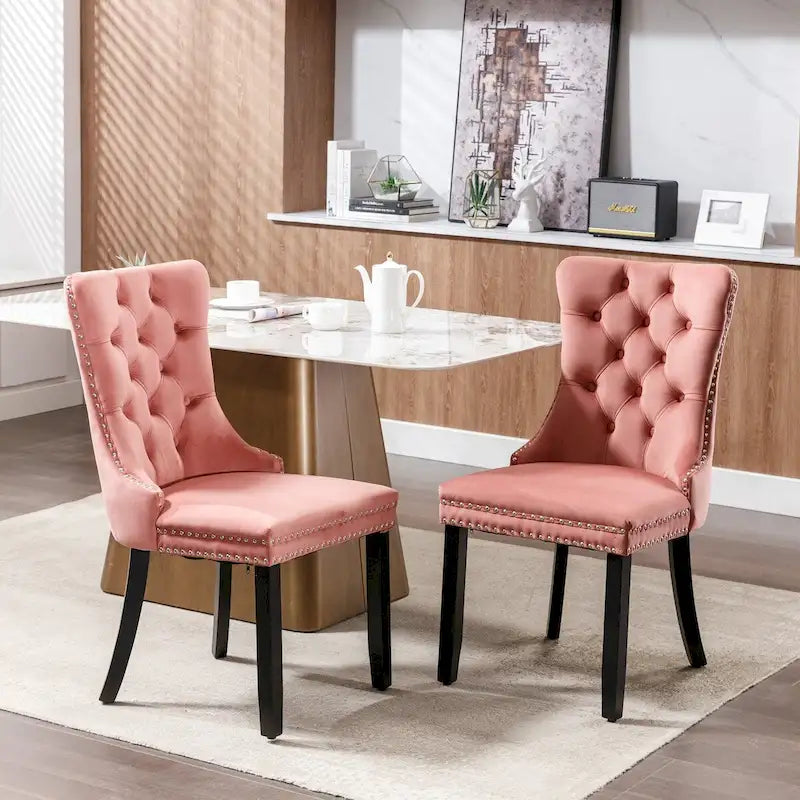 Set of 2 Velvet Upholstered Dining Chairs with Nailhead Trim and Wooden Legs