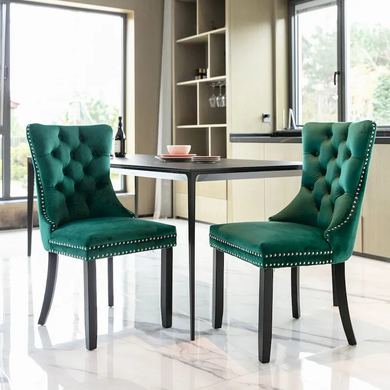 Set of 2 Velvet Upholstered Dining Chairs with Nailhead Trim and Wooden Legs