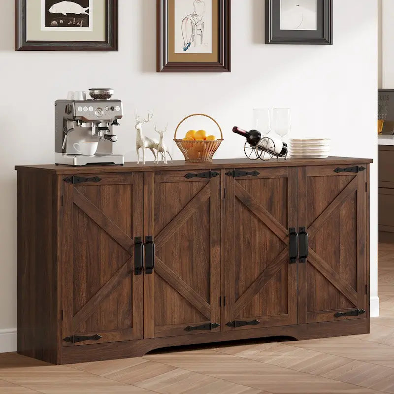 Moasis Farmhouse Four Door Sideboard/Buffet Coffee Bar Cabinet with Storage for Kitchen, Living Room