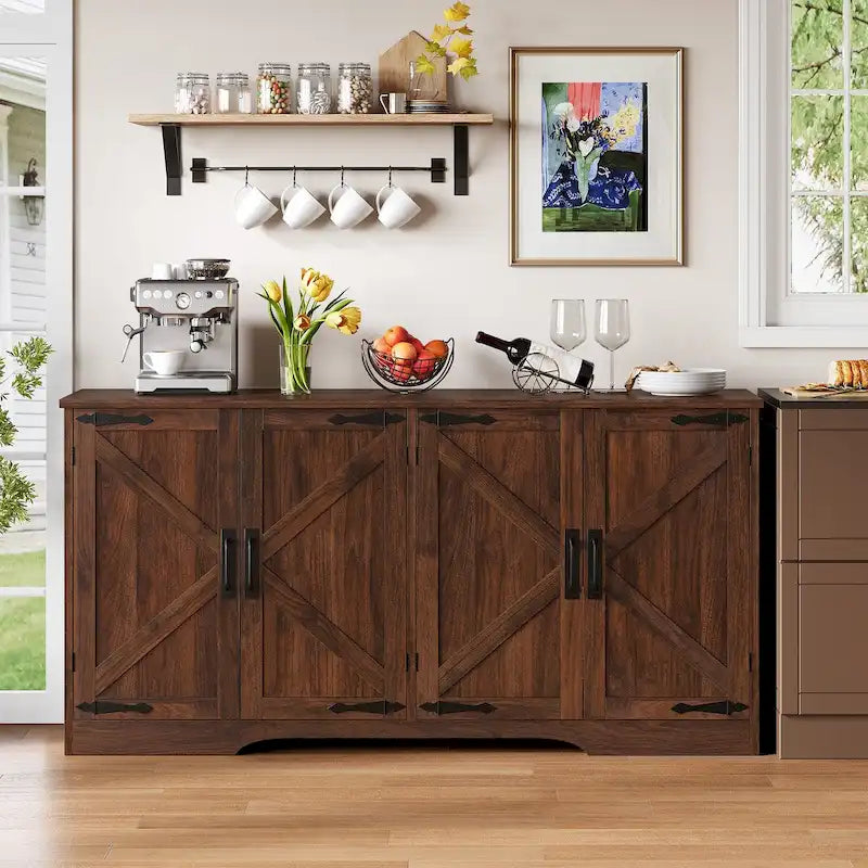 Farmhouse Four Door Sideboard/Buffet Coffee Bar Cabinet with Storage